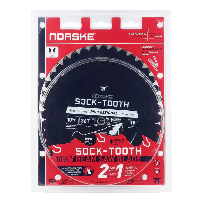 Norske Tools 10-1/4 inch by 36T Socktooth Beam Saw Blade with 5/8 inch and Diamond Knockout Bore Twin Pack, NCSBS421C - Image 1